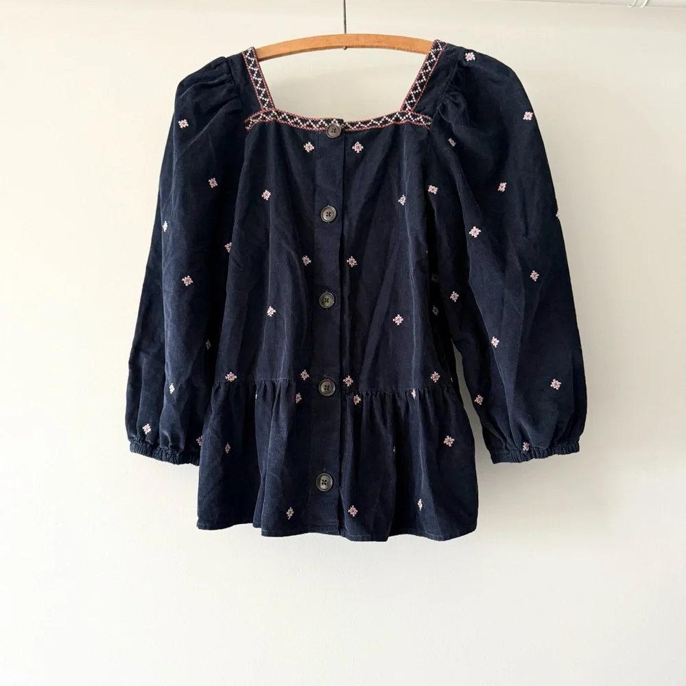 Madewell embroidered corduroy‎ button-back peplum top XS